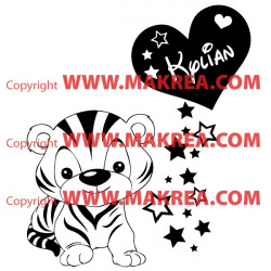 Sticker Bébé Tigre Rigolo - Coeur + Prénom personnalisé