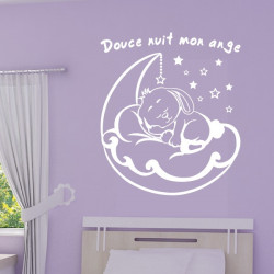 Sticker Bébé Lapin dort sur la Lune + Douce nuit mon ange