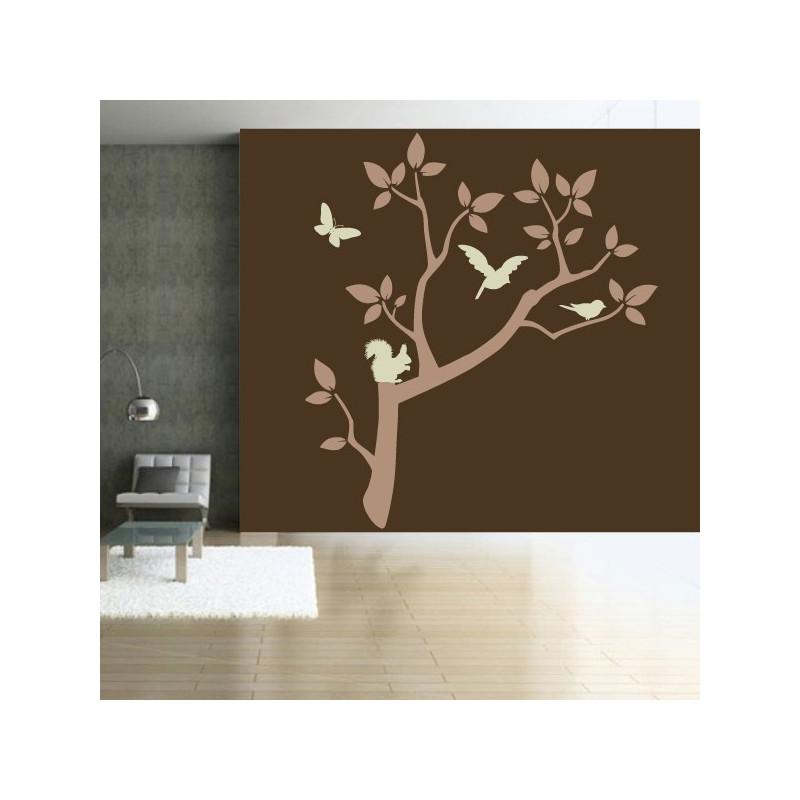 Sticker Nature - Branche d'arbre Ecureuil, Papillon, oiseau