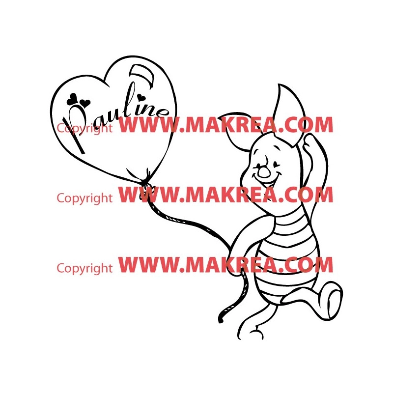 Sticker Porcinet - Ballon Coeur + prénom personnalisable