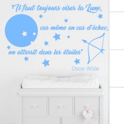 Sticker Citation : Oscar Wilde - Il faut toujours viser la lune - Déco lune étoiles et flèche