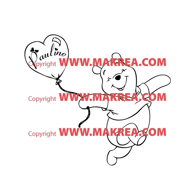 Sticker Winnie Heureux - Ballon Coeur + prénom personnalisable