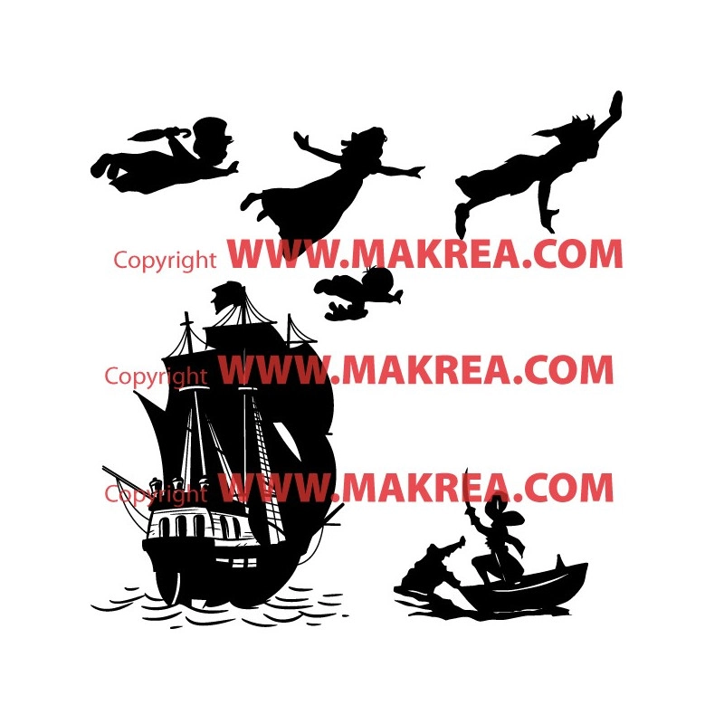 Sticker PACK Silhouette Peter Pan s'envole, bateau pirate, Capitaine Crochet
