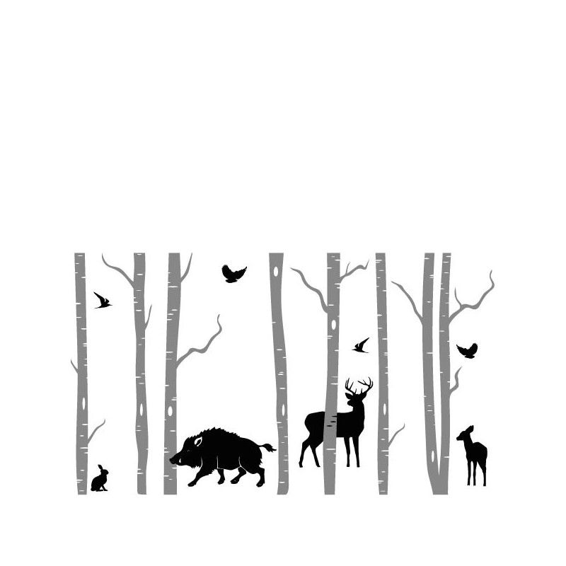 Sticker Nature - 8 Arbres Bouleaux, cerf, sanglier, faon, lapin, oiseaux