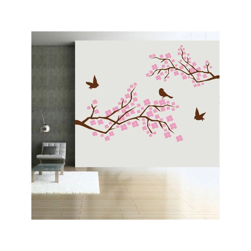 Sticker Branches d'Arbre en fleurs - Oiseaux - 2 couleurs