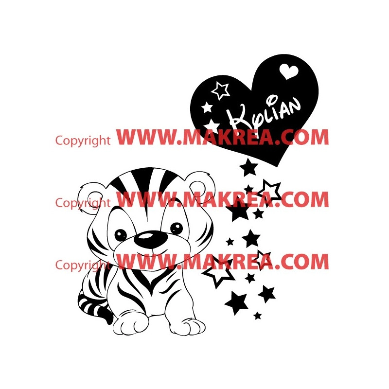 Sticker Bébé Tigre Rigolo - Coeur + Prénom personnalisé