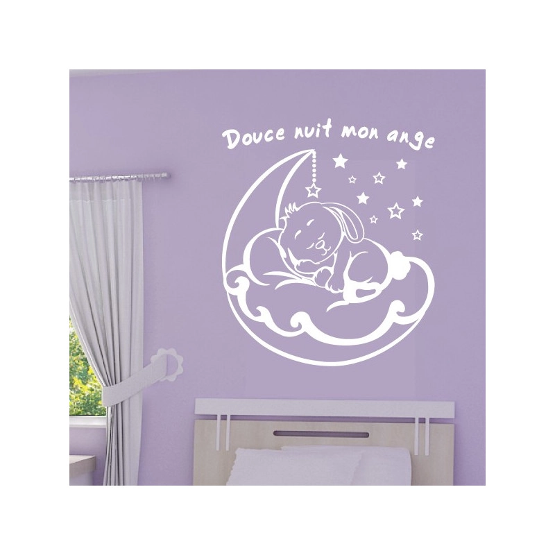 Sticker Bébé Lapin dort sur la Lune + Douce nuit mon ange
