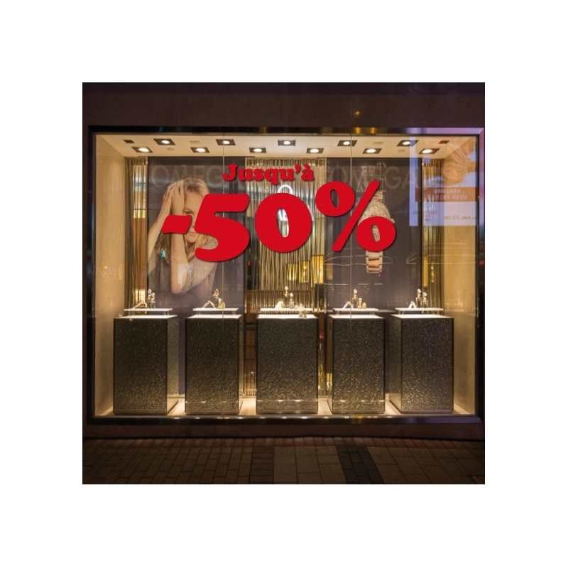 Sticker vitrine Lettrage "Jusqu'à -50%"