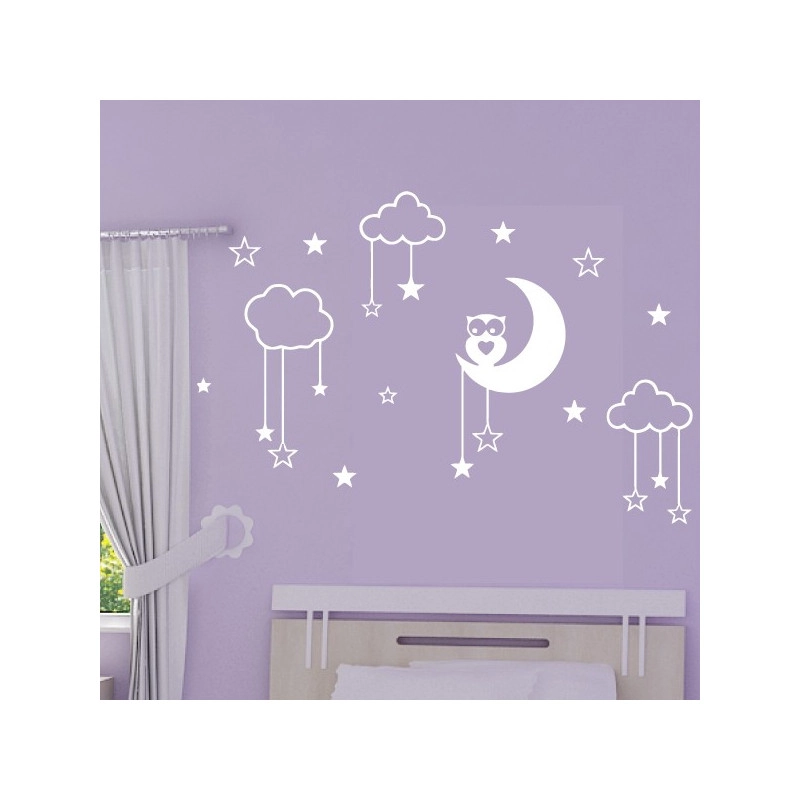 Sticker Lune Hiboux, nuages et étoiles