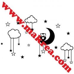 Sticker Lune Hiboux, nuages et étoiles