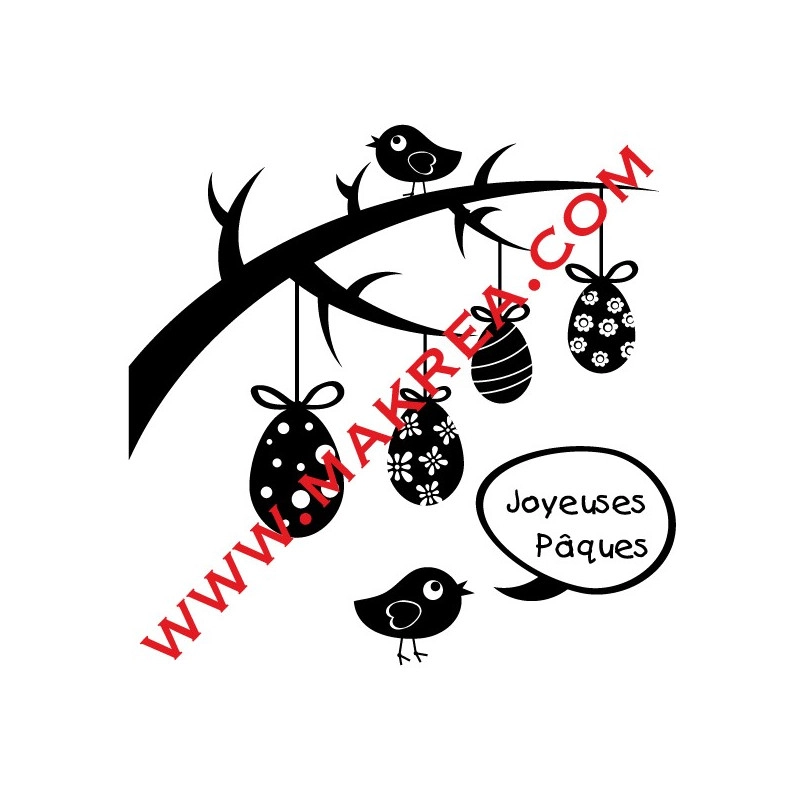 Sticker Vitrine Branche & Oeufs suspendus, oiseaux, Joyeuses Pâques