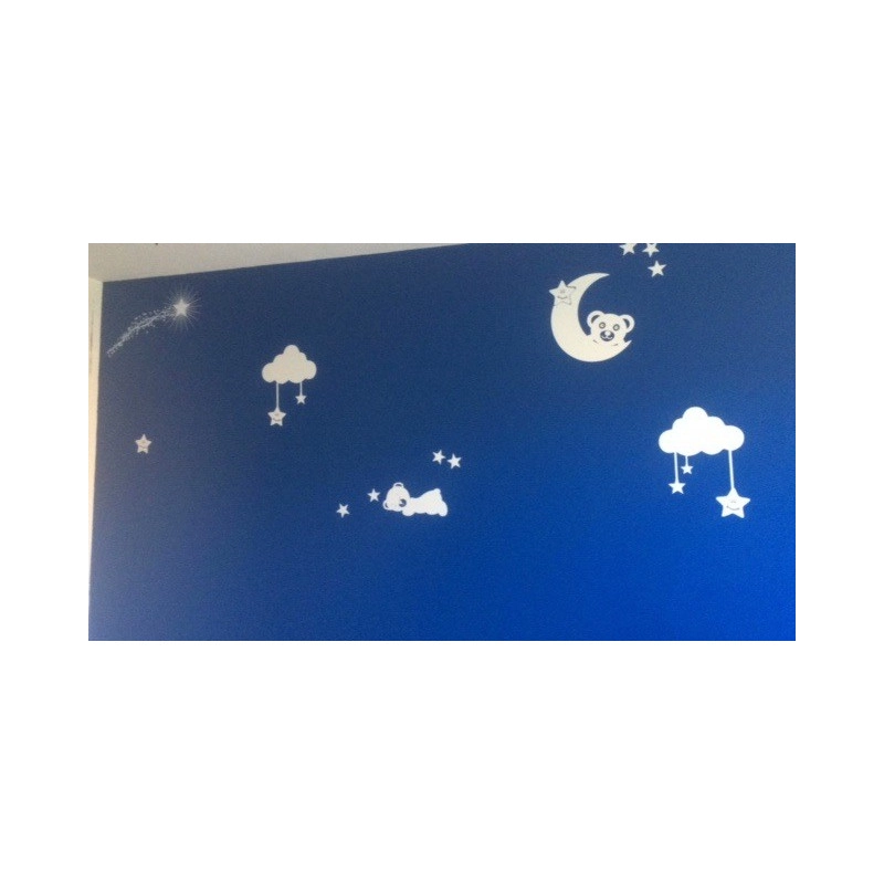 Sticker Lune Ourson, Nuages et étoiles