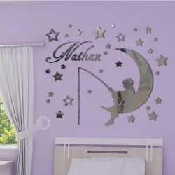 Sticker Miroir - Enfant sur la lune qui pêche - Etoiles et Prénom